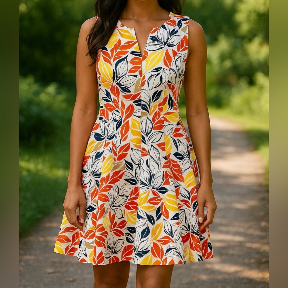 Nine West Fit & Flare Leaf Print Sleeveless Dress Multicolor Size 10 EUC
